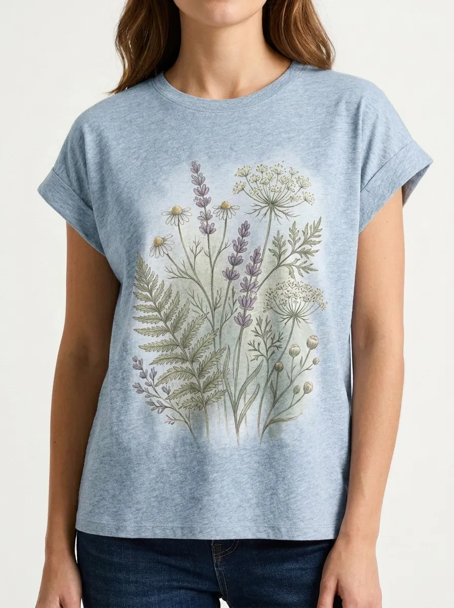 Women's Botanical Nature Lover Lavender Chamomile Printed T-shirt