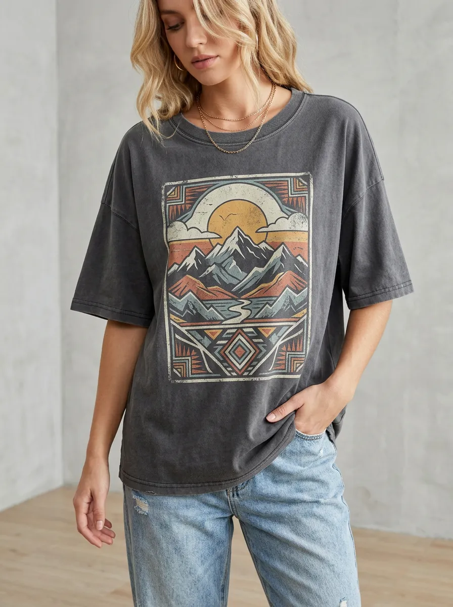 Women's Geometric Mountain Sunset Printed T-Shirt