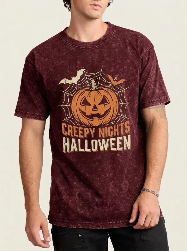 Men's Halloween Creepy Nights Pumpkin Bat Web Printed T-shirt