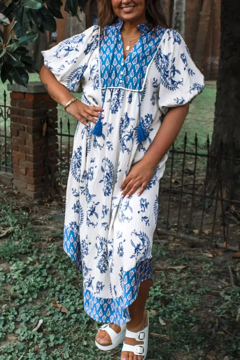 Contrast Boho Patchwork V Neck Loose Midi Dress