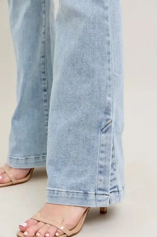 Full Size Tummy Control Vintage Wash Side Slit Slim Boot Jeans Plus Size