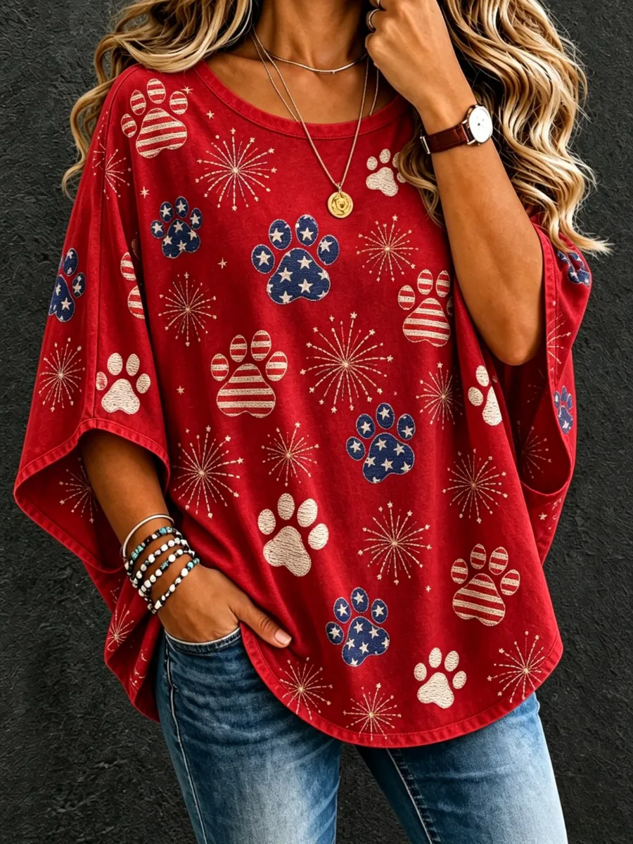 Women's Independence Day Paw Art Oversized Top