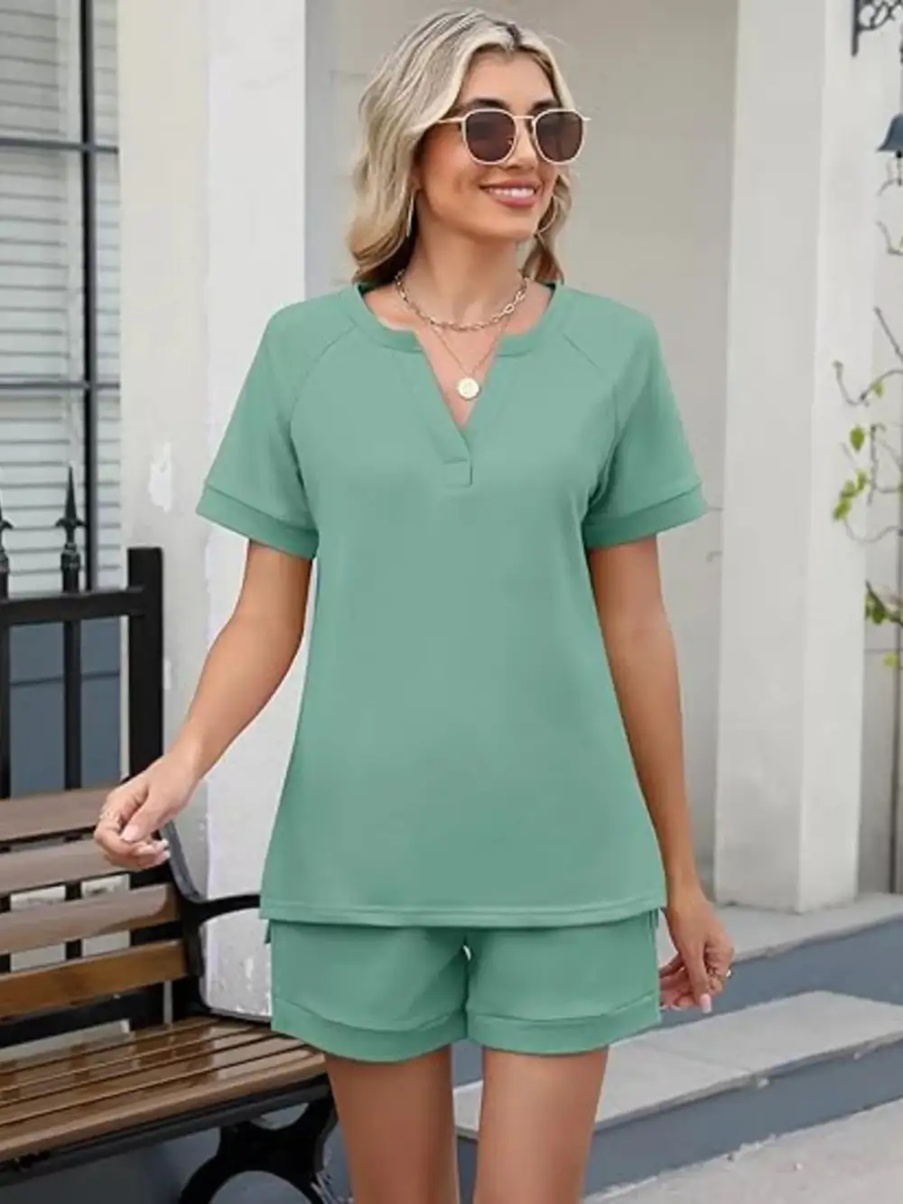 Short Sleeve Top Shorts Two Piece Set
