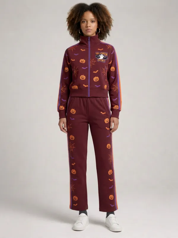 Women's Halloween Pumpkin Ghost Spiderweb Printed Tracksuit