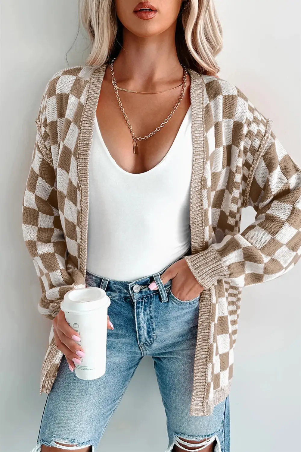 Checkered Open Front Drop Shoulder Everyday Layer Cardigan