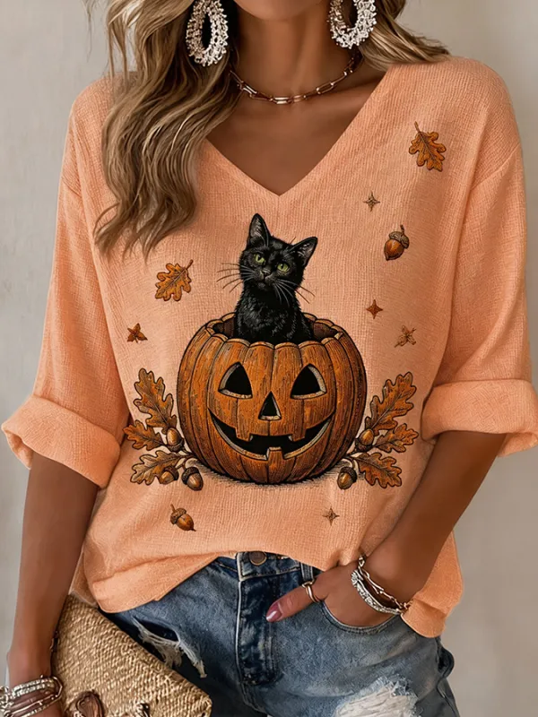 Women's Halloween Black Cat Pumpkin Oak Leaf V Neck 3/4 Sleeve Top