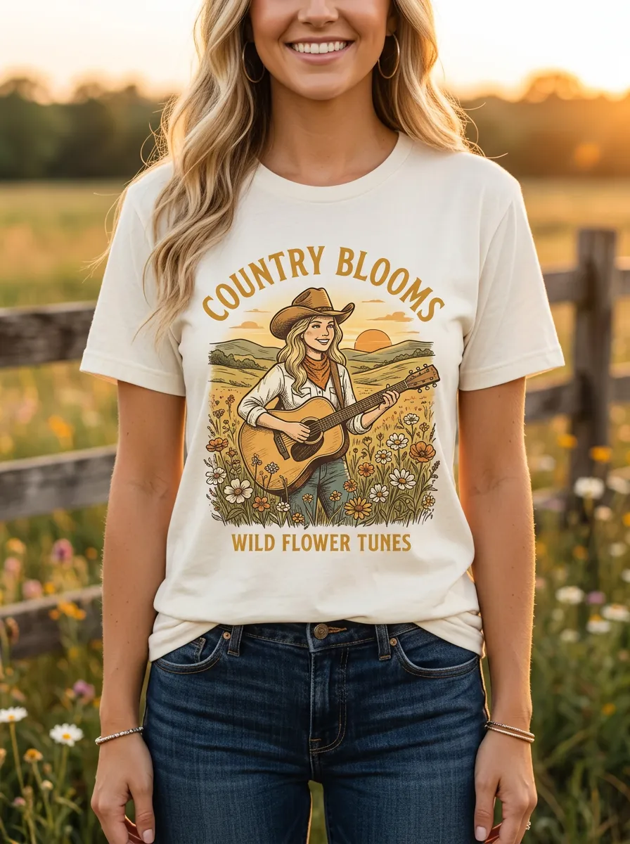 Western-Inspired Country Music Cowgirl Guitar Wildflower Crew Neck T-Shirt