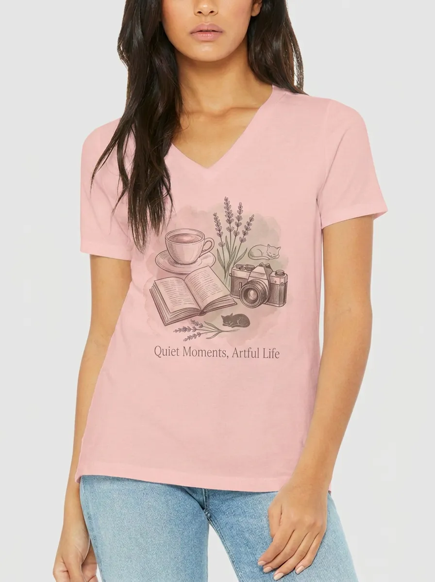 Women's Book Coffee Camera Cat Printed V-neck T-shirt