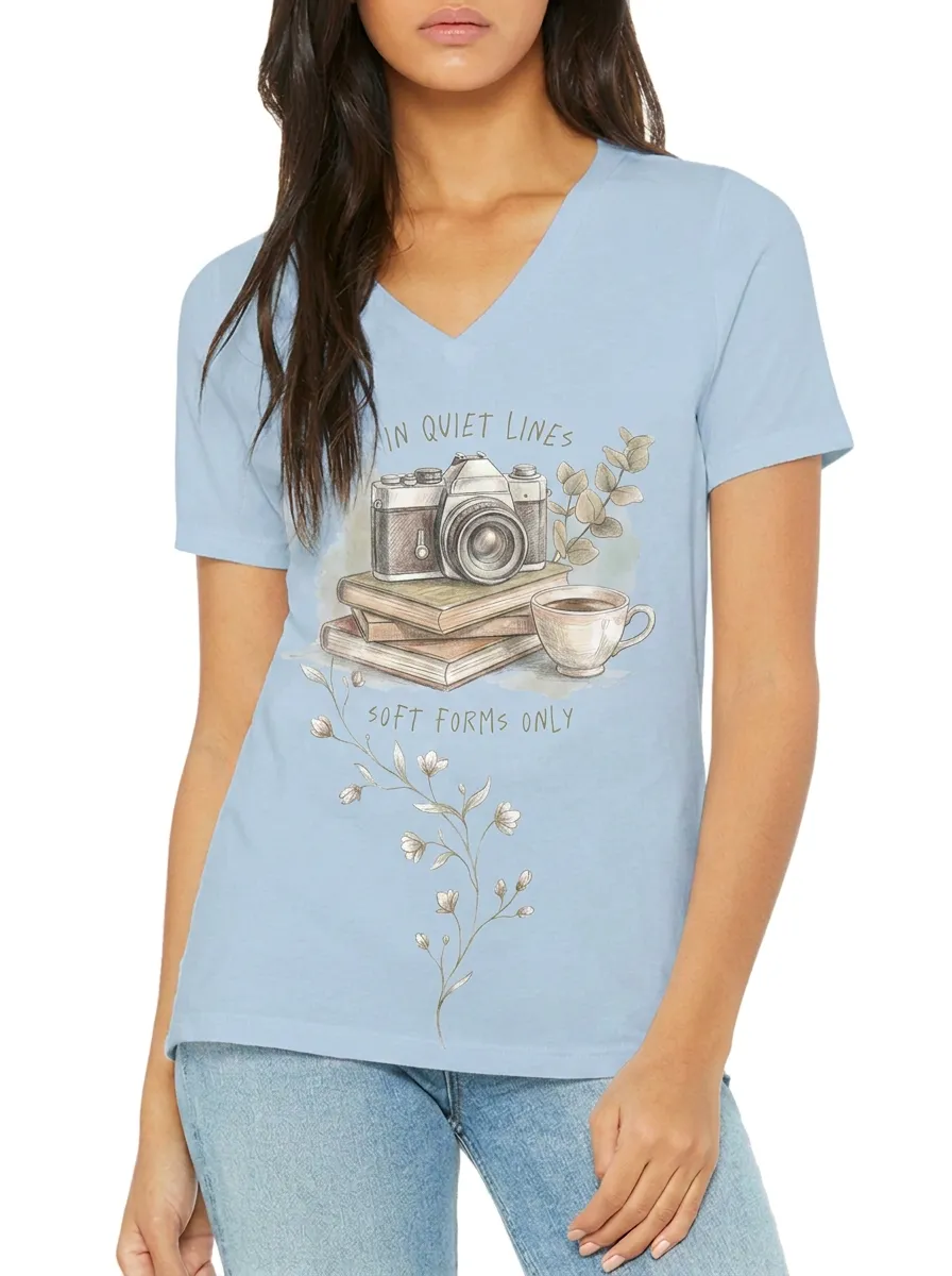 Women's Photography Book Coffee Lover Floral Printed V-neck T-shirt