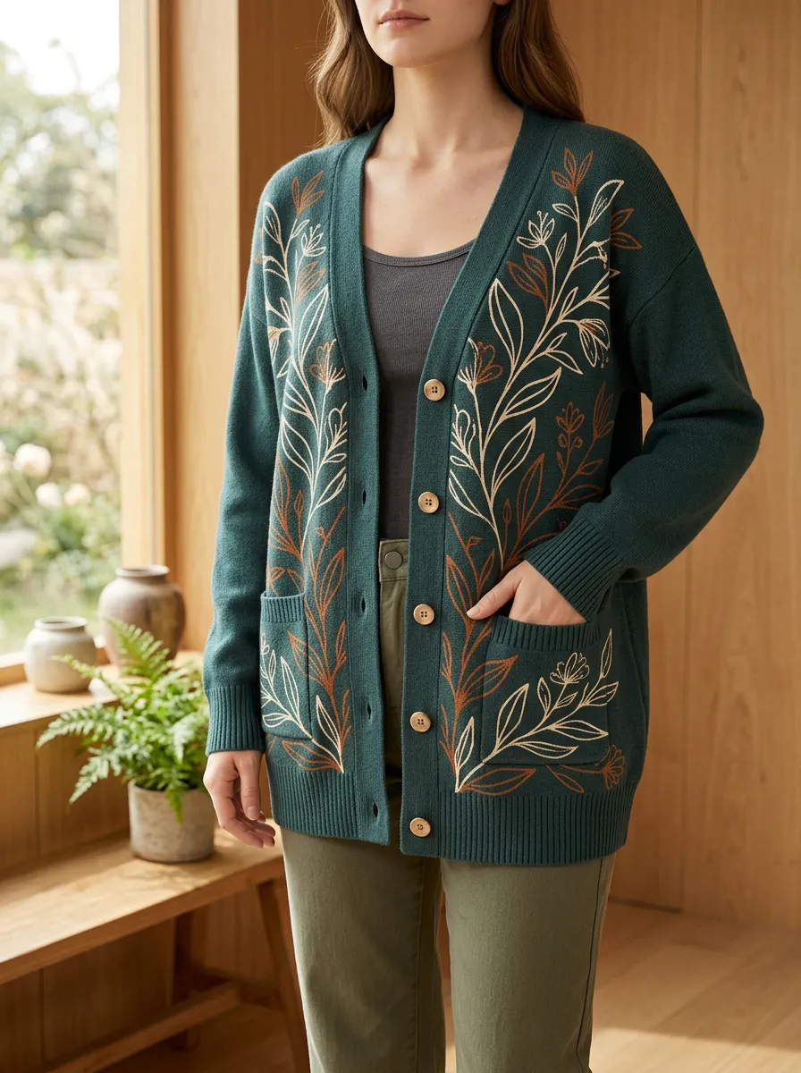Women's Botanical Nature Lover Floral Printed Long Sleeve Modern Layering Cardigan
