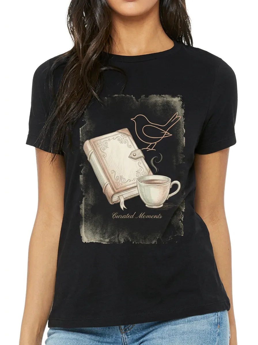 Women's Book Lover Coffee Bird Curated Moments Printed T-shirt