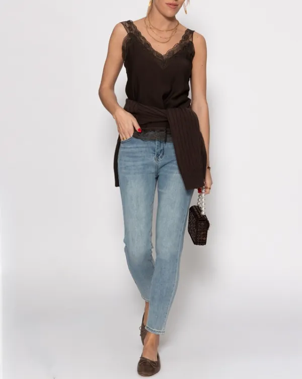 Brown Lace Viscose V Top