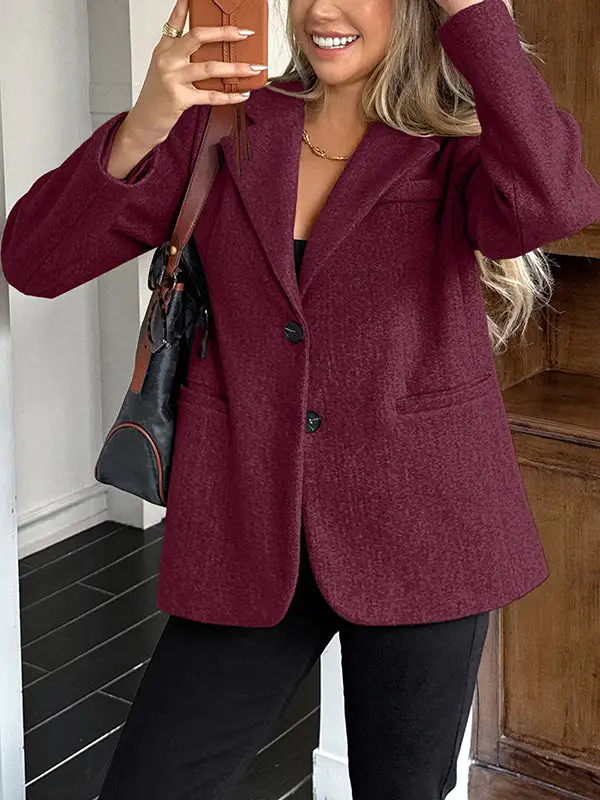 Long Sleeve Button Front Pocket Solid Color Notched Jacket