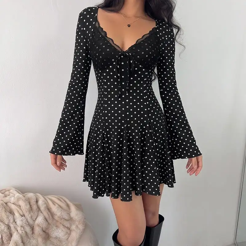 Women's V-Neck Long-Sleeve Polka-Dot Evening Mini Dress
