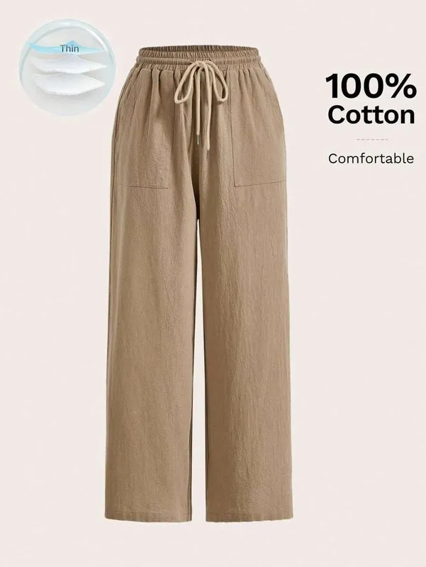 Khaki Straight Leg Drawstring Pocket Pants