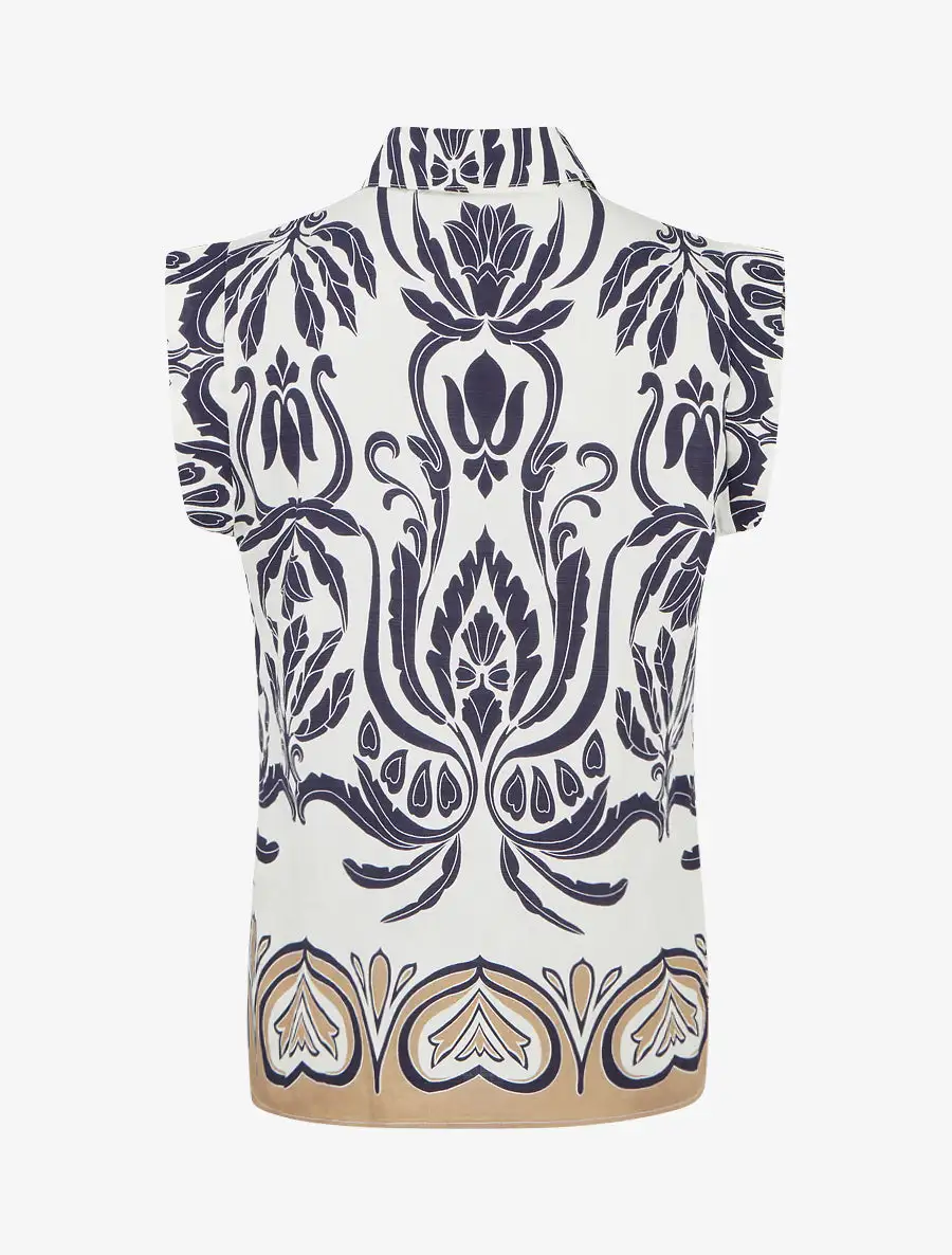 Classic Sleeveless Straight Fit Stand Collar Arabesque Print Button Shirt
