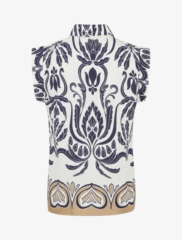 Classic Sleeveless Straight Fit Stand Collar Arabesque Print Button Shirt