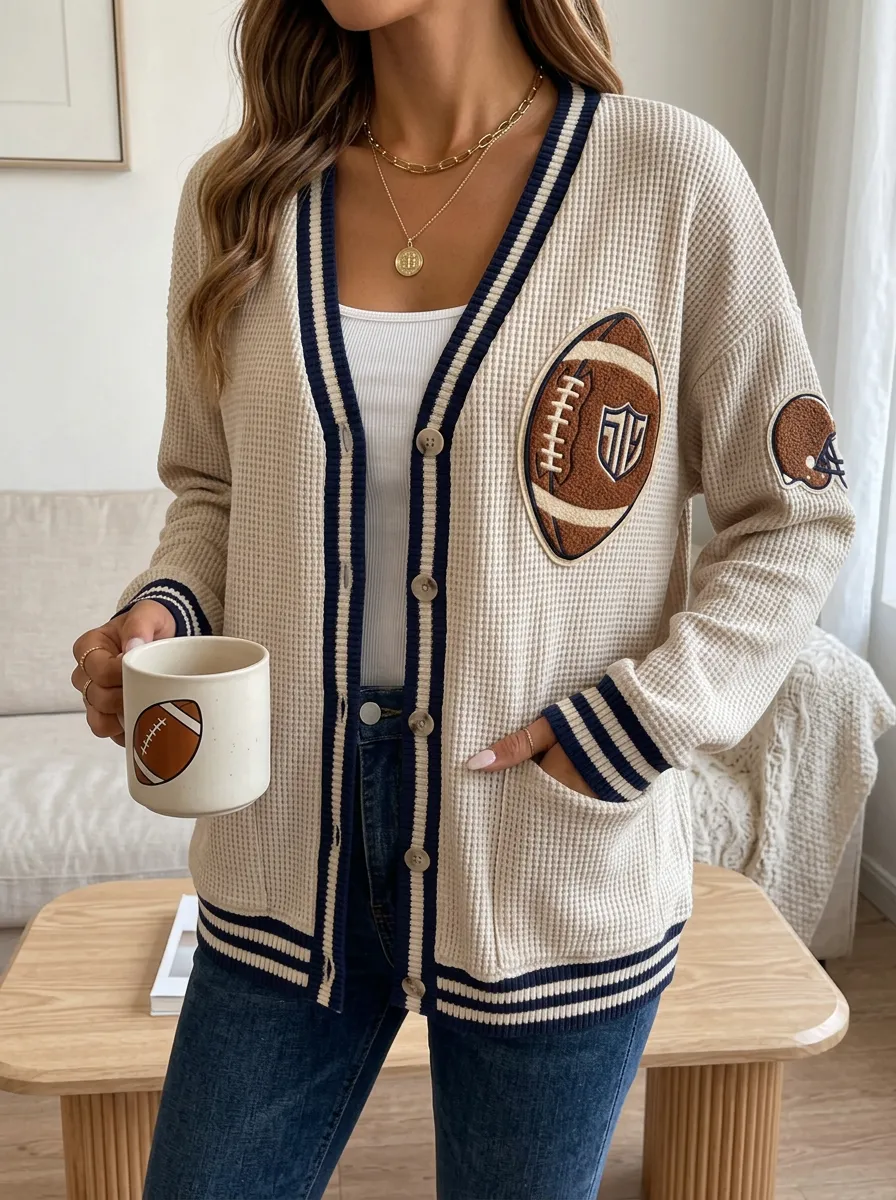 Women's Football Fan American Football Patch Waffle Knit Cardigan