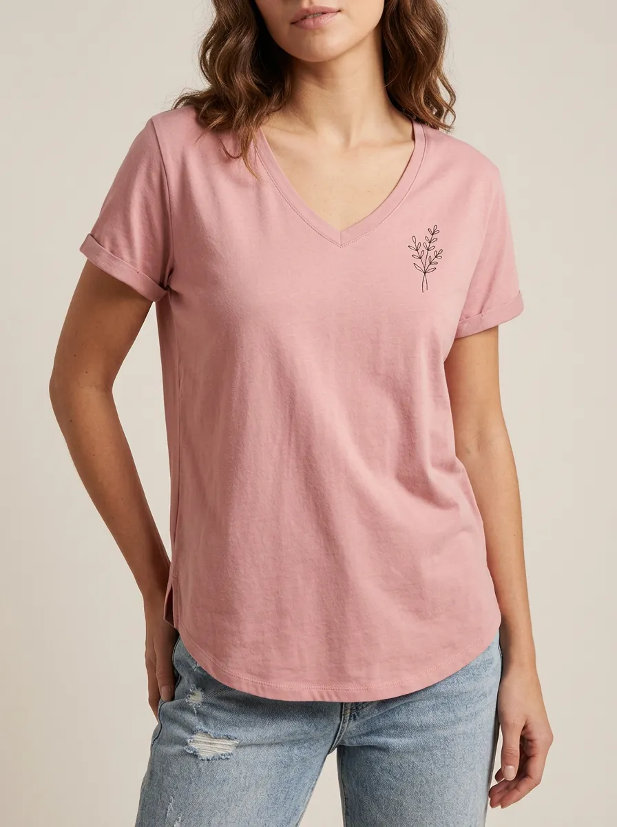 Women's Minimalist Botanical Leaf Printed V-neck T-shirt