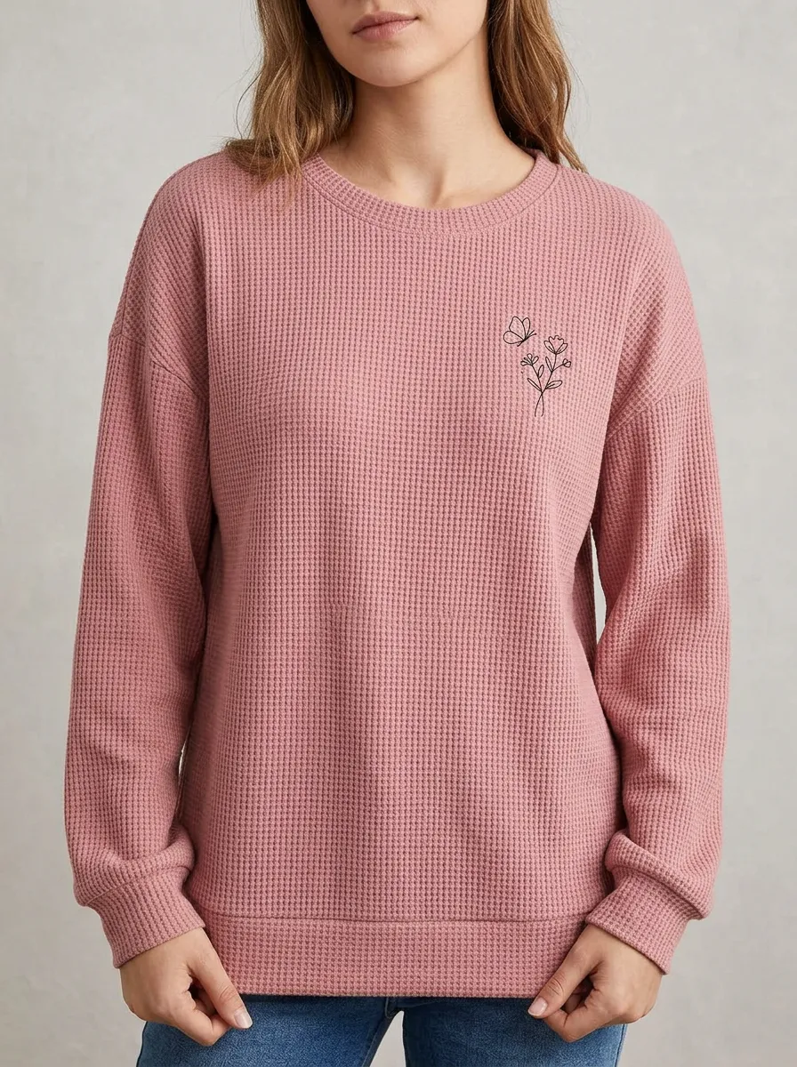 Women's Minimalist Nature Lover Butterfly Flower Printed Waffle Sweatshirt