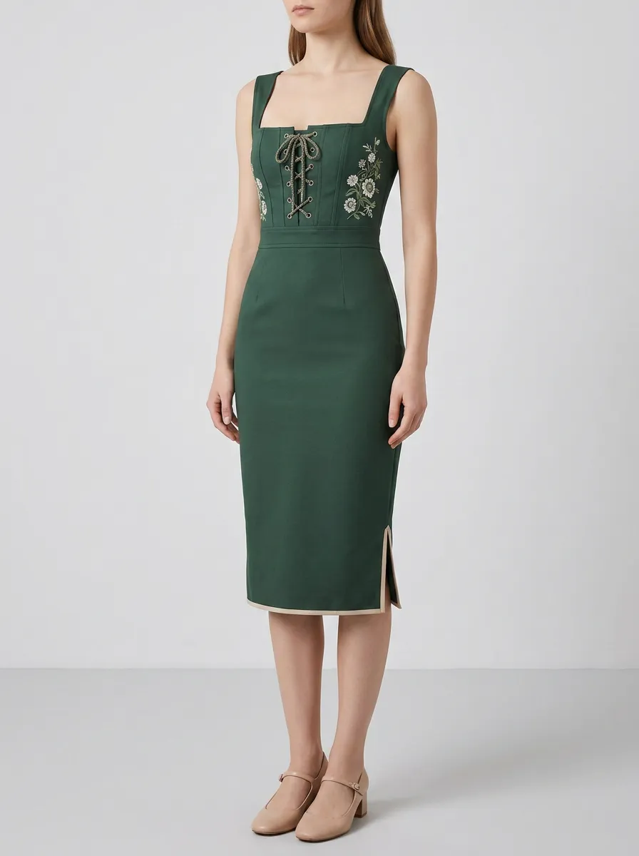 Women's Embroidered Floral Lace-Up Fitted Dress