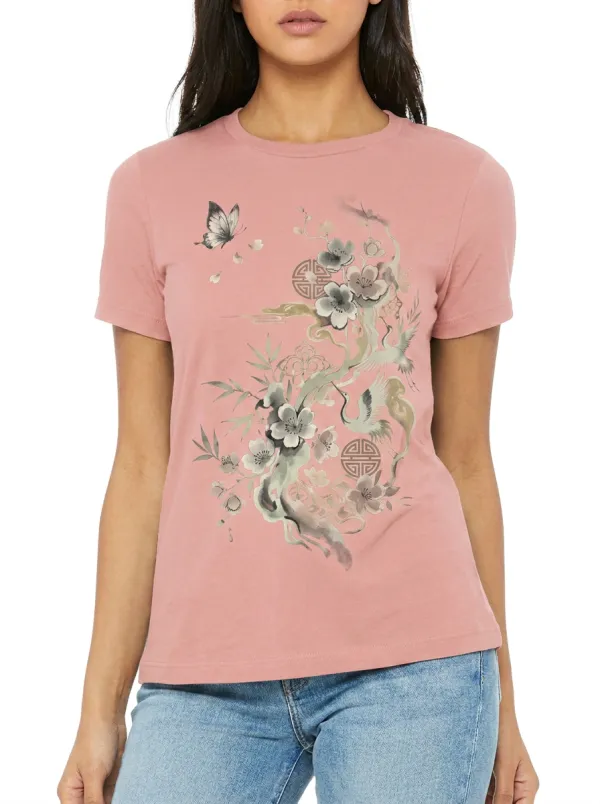 Women's Oriental Crane Cherry Blossom Butterfly Printed T-shirt