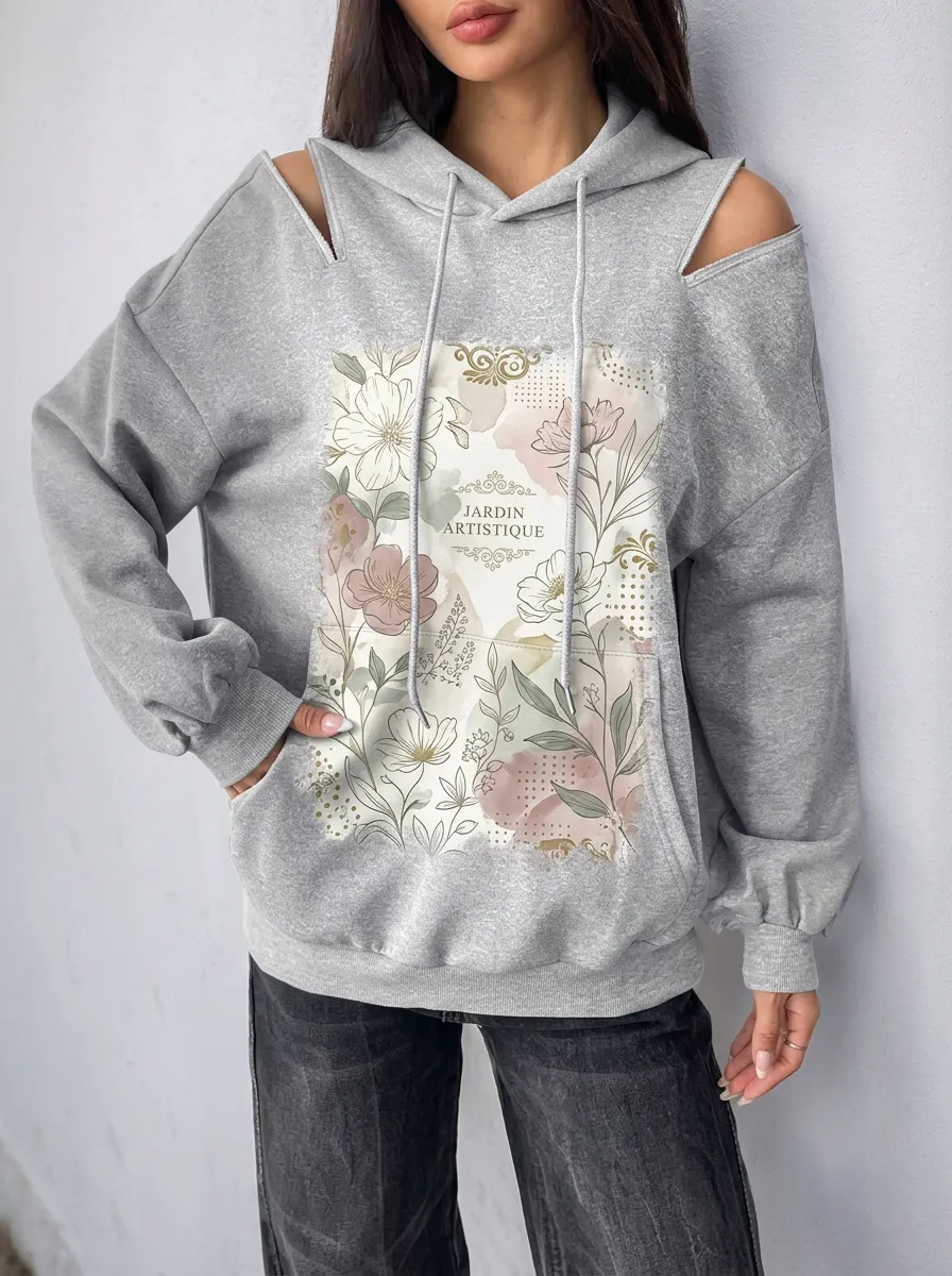 Women's Floral Art Jardin Artistique Printed Cold Shoulder Hoodie