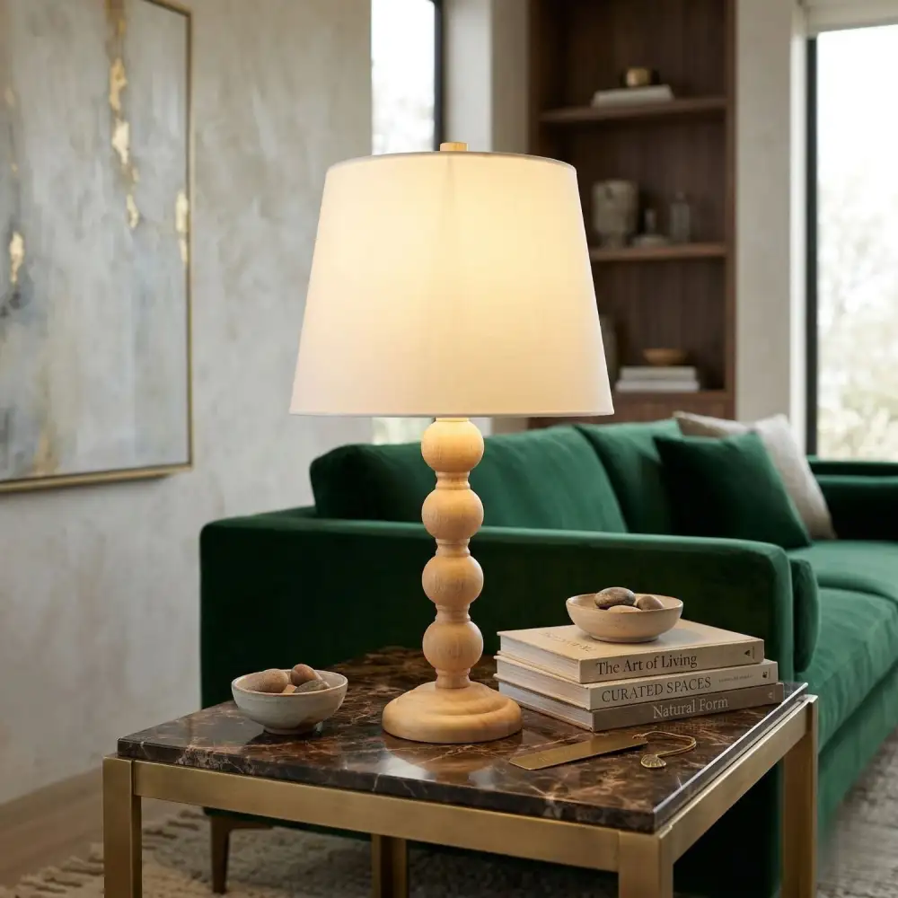 Rubberwood Linen Table Lamp