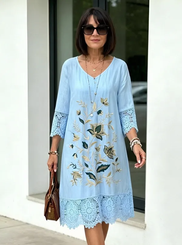 Women's Summer Vacation Floral Embroidery Lace Trim Printed Dress