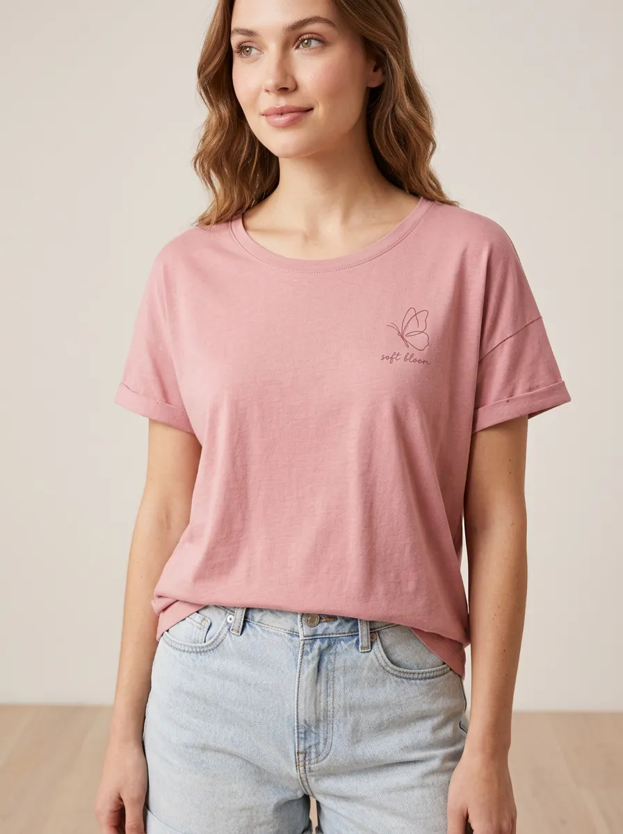 Women's Butterfly Soft Bloom Minimalist Printed T-shirt