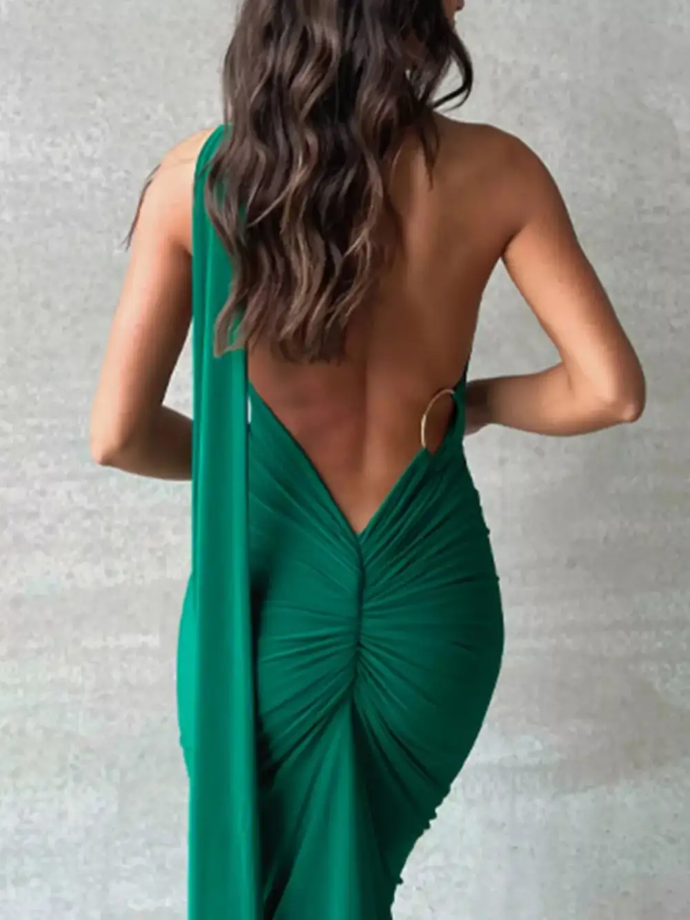 Backless One Shoulder Ruched Bodycon Maxi Dress