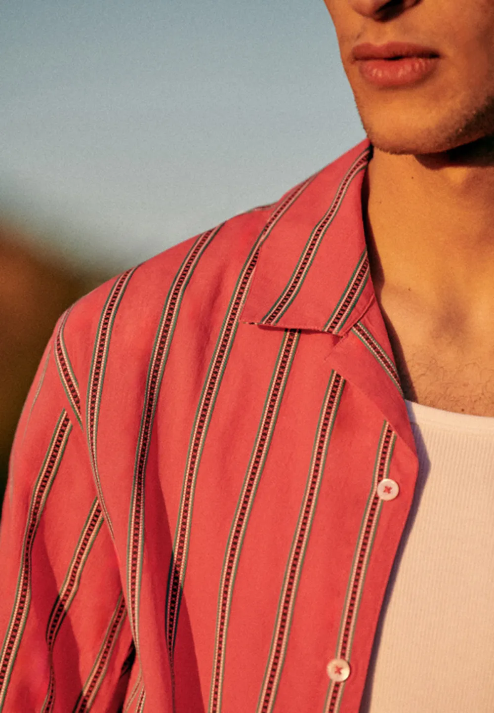 Coral Red Stripe Print Short Sleeve Camp Shirt