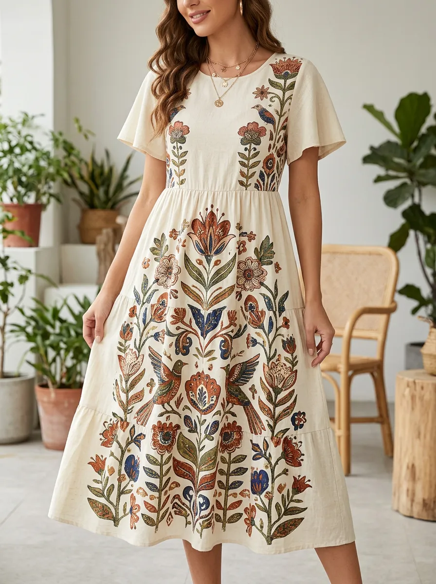 Bohemian Floral Bird Pattern Dress