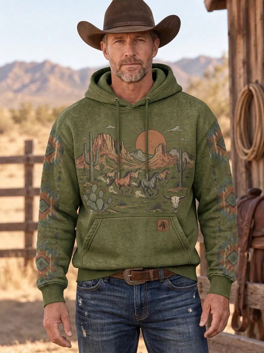 Men's Western Cowboy Horse Cactus Desert Graphic Hoodie