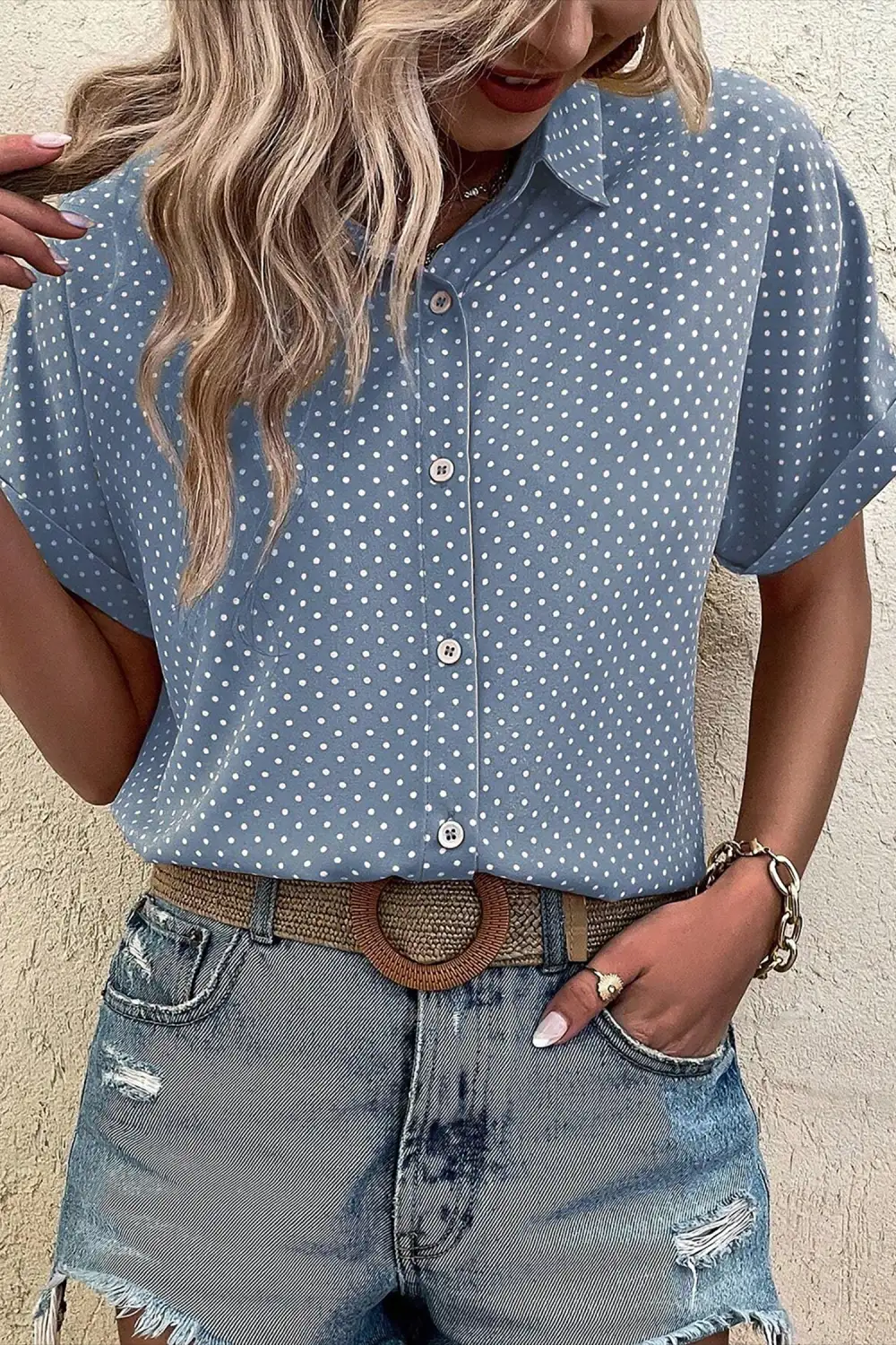 Short Sleeve Dot Print Shirt Blouse