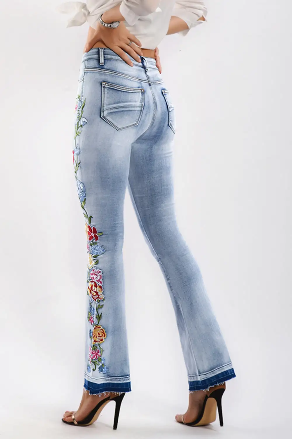 Flower Embroidery Wide Leg Denim Jeans