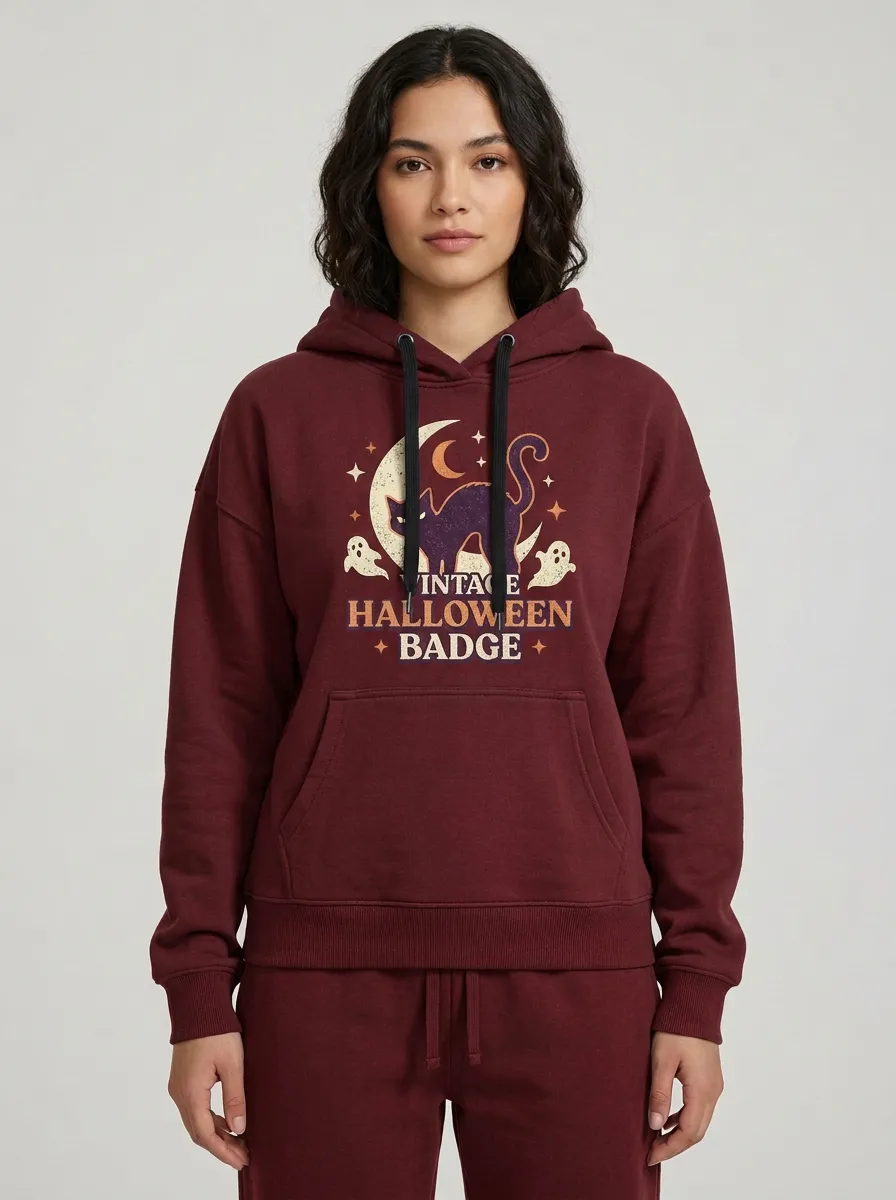 Women's Halloween Cat Moon Ghost Vintage Badge Printed Hoodie