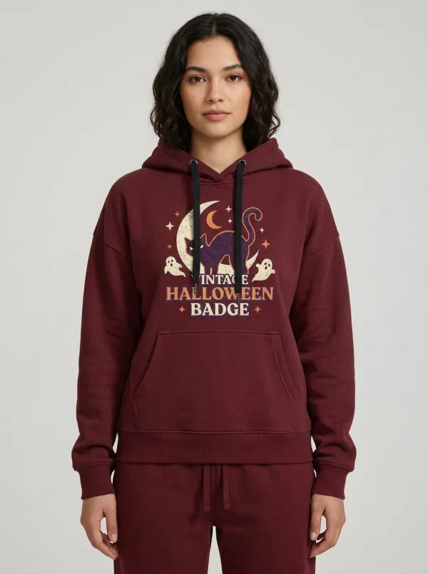 Women's Halloween Cat Moon Ghost Vintage Badge Printed Hoodie