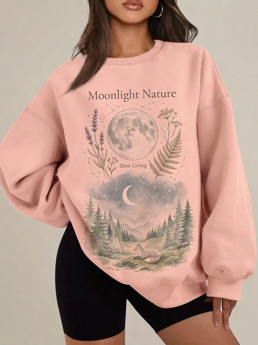 Women's Moonlight Nature Forest Fox Printed Sweatshirt
