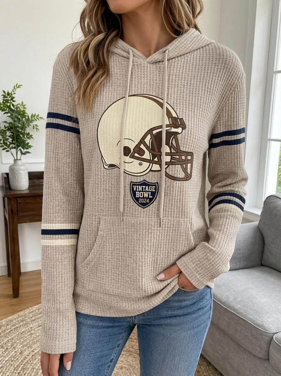 Women's Football Fan Vintage Bowl Helmet Printed Waffle Hoodie
