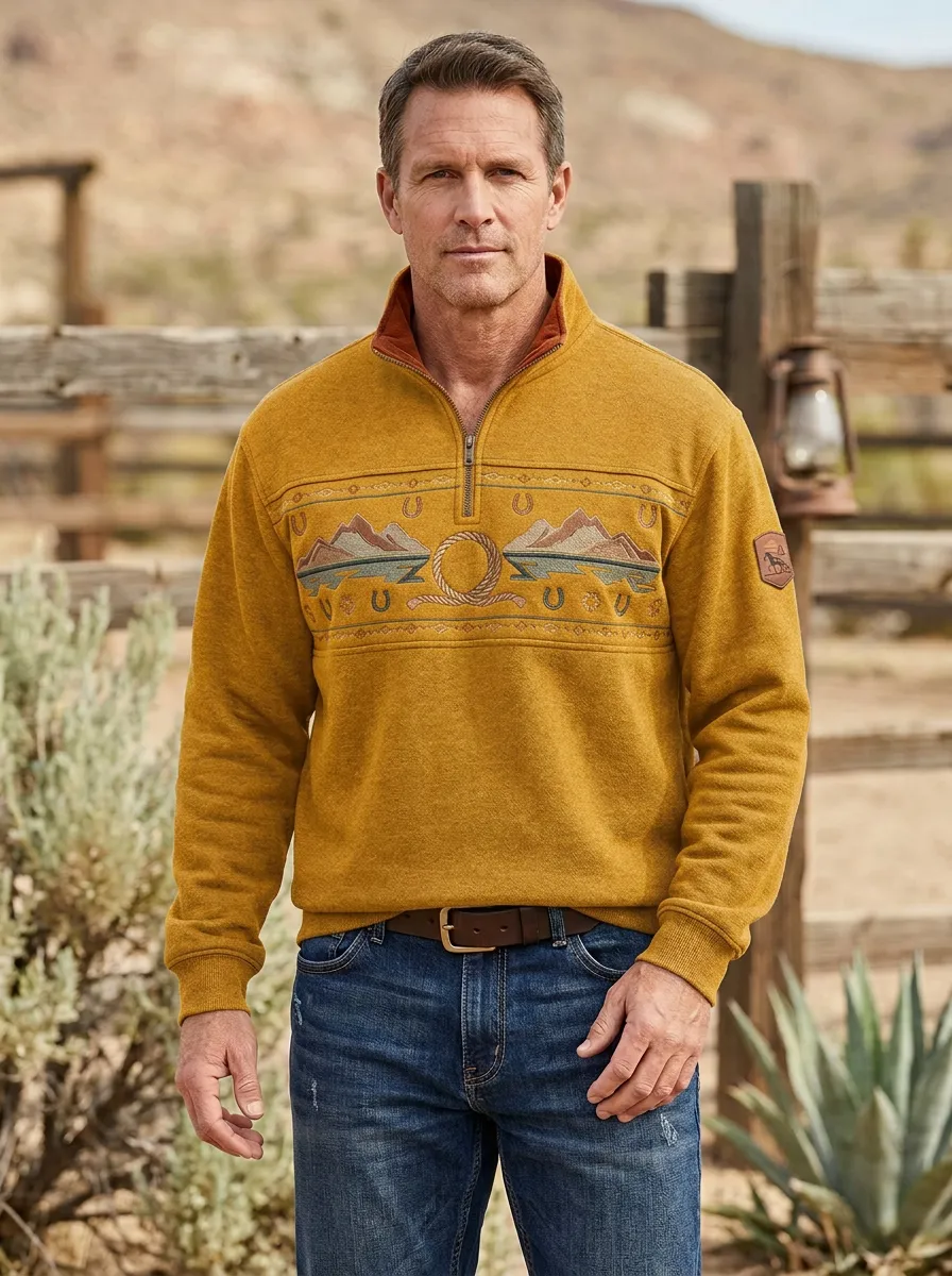 Prairie Horseshoe Horse Mountain Artwork Men's Western Sweatshirt