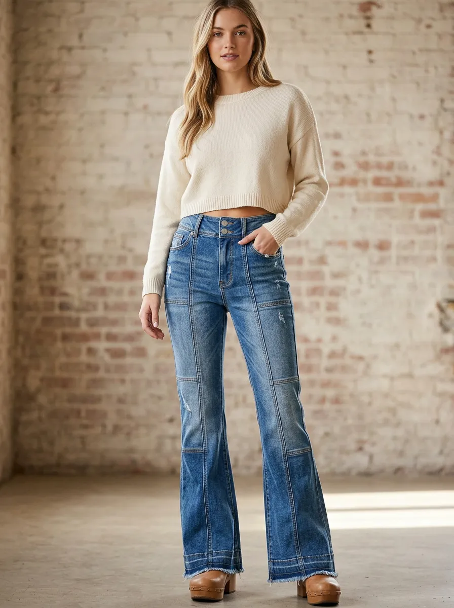 Women's Vintage Style Distressed Patchwork High-Waisted Flare Jeans