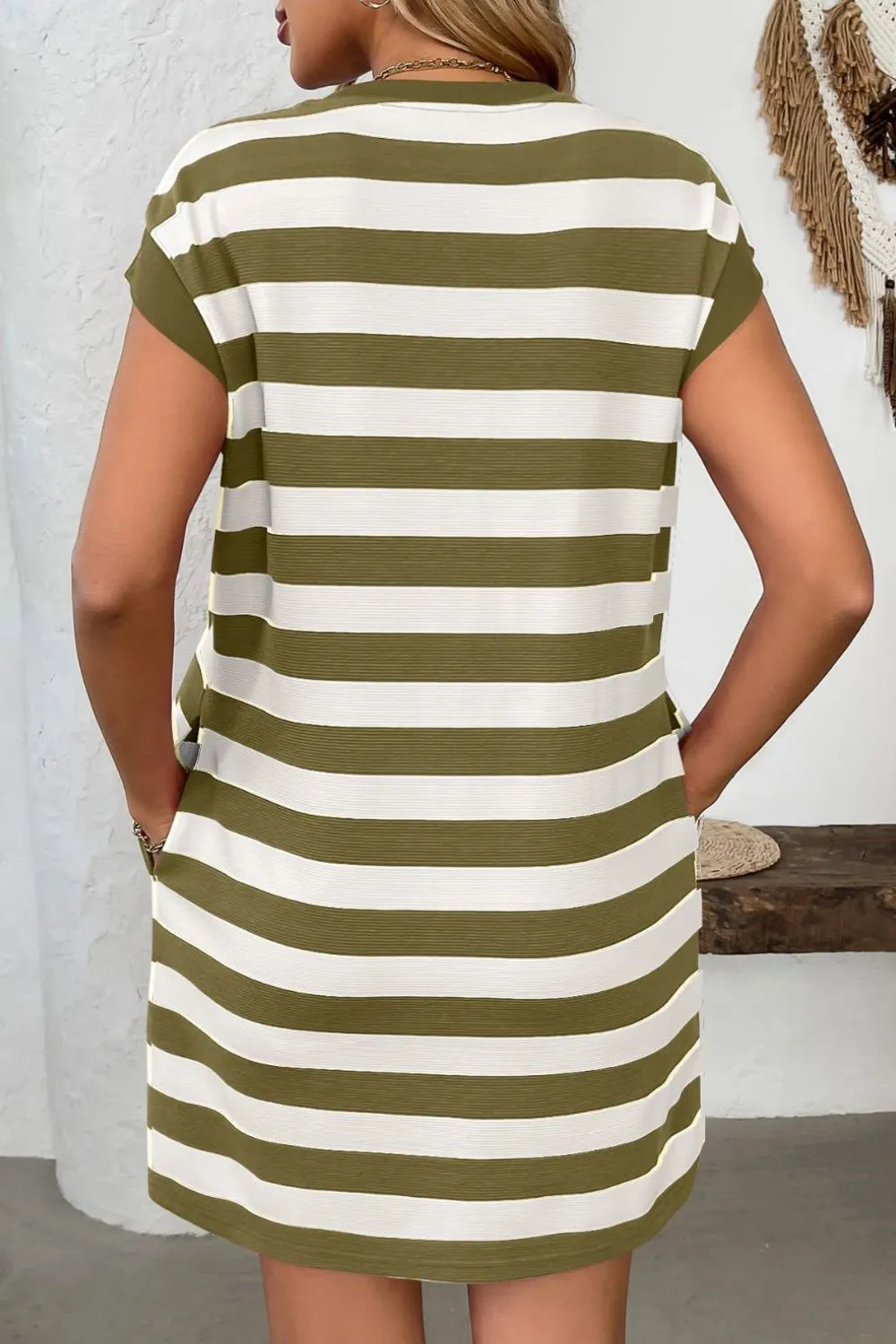 Round-Neck Short-Sleeve Striped Mini Dress