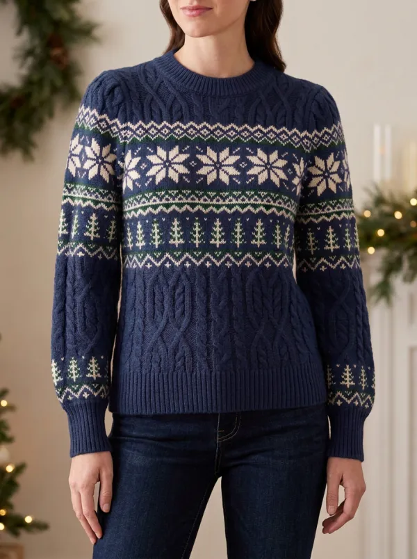Christmas Holiday Snowflake Pine Tree Patterned Knit Sweater