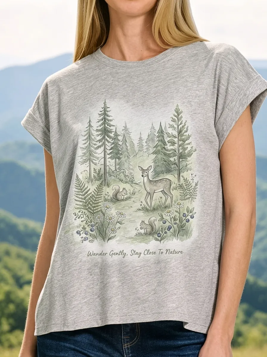 Women's Nature Lover Deer Squirrel Forest Printed T-shirt