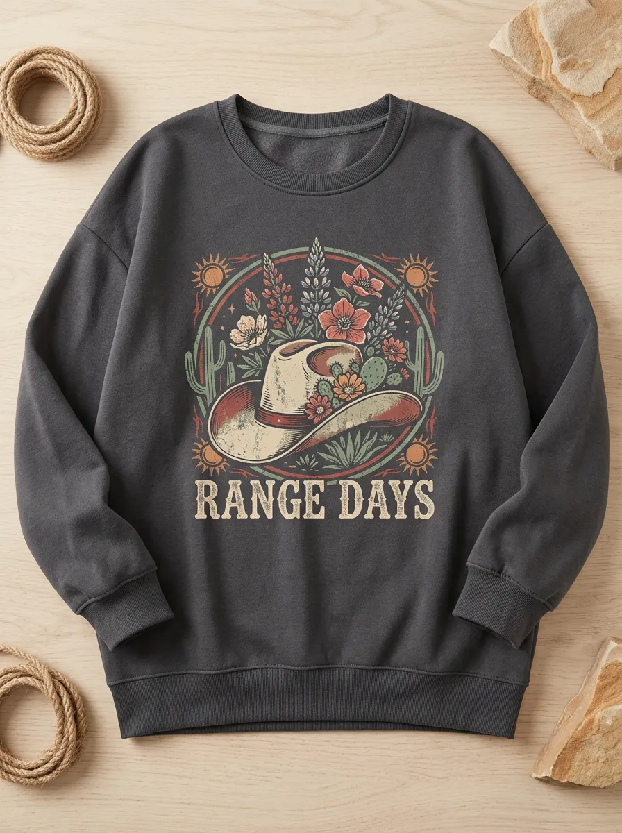 Women's Western Cowboy Hat Floral Cactus Range Days Printed Sweatshirt