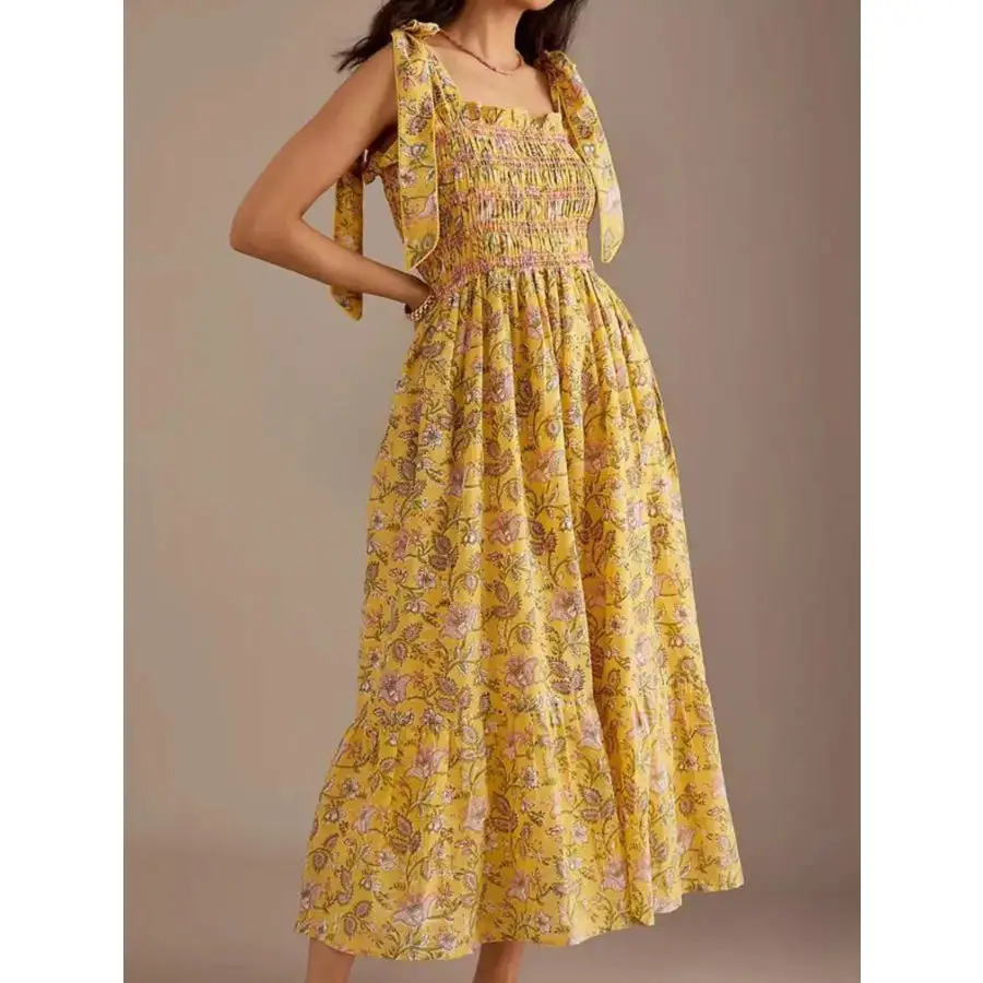 Smocked Tie-Shoulder Midi Dress