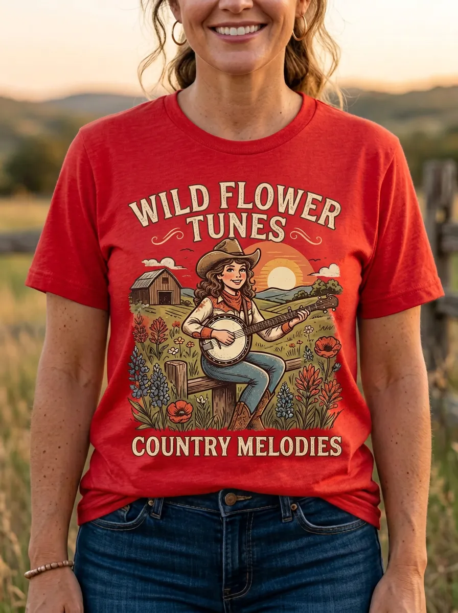 Western Banjo Cowgirl Country Music Graphic T-Shirt