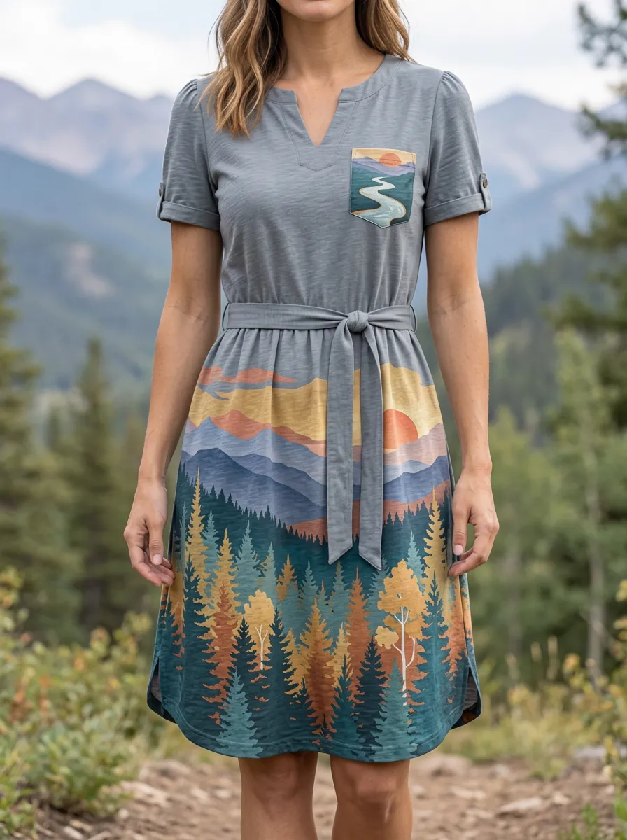 Women's Landscape Print Tie-Waist T-Shirt Dress