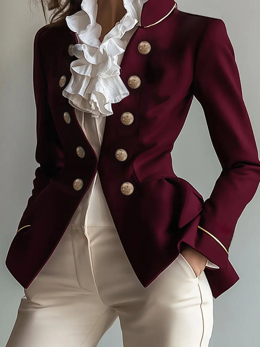 Long Sleeve Button Front Solid Color Split Stand Blazer